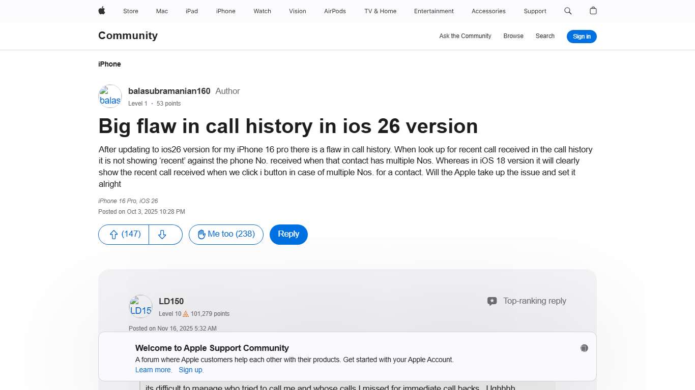 Big flaw in call history in ios 26 versio… - Apple Community